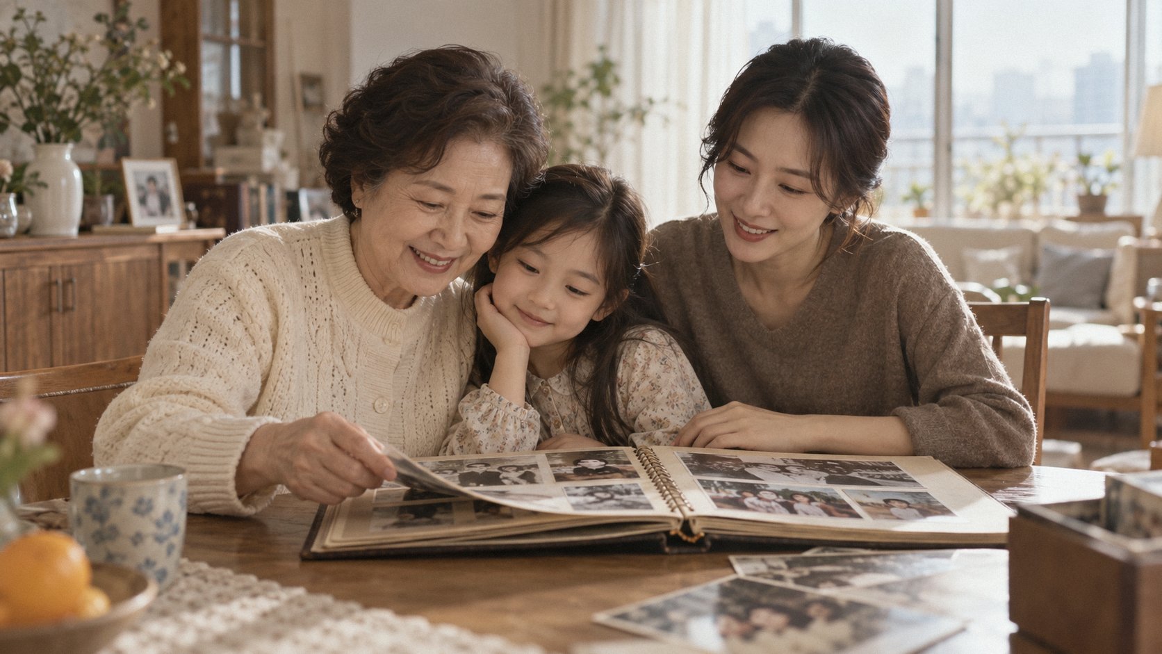 가족 앨범을 함께 펼쳐 보는 가상의 한국인 삼대 가족